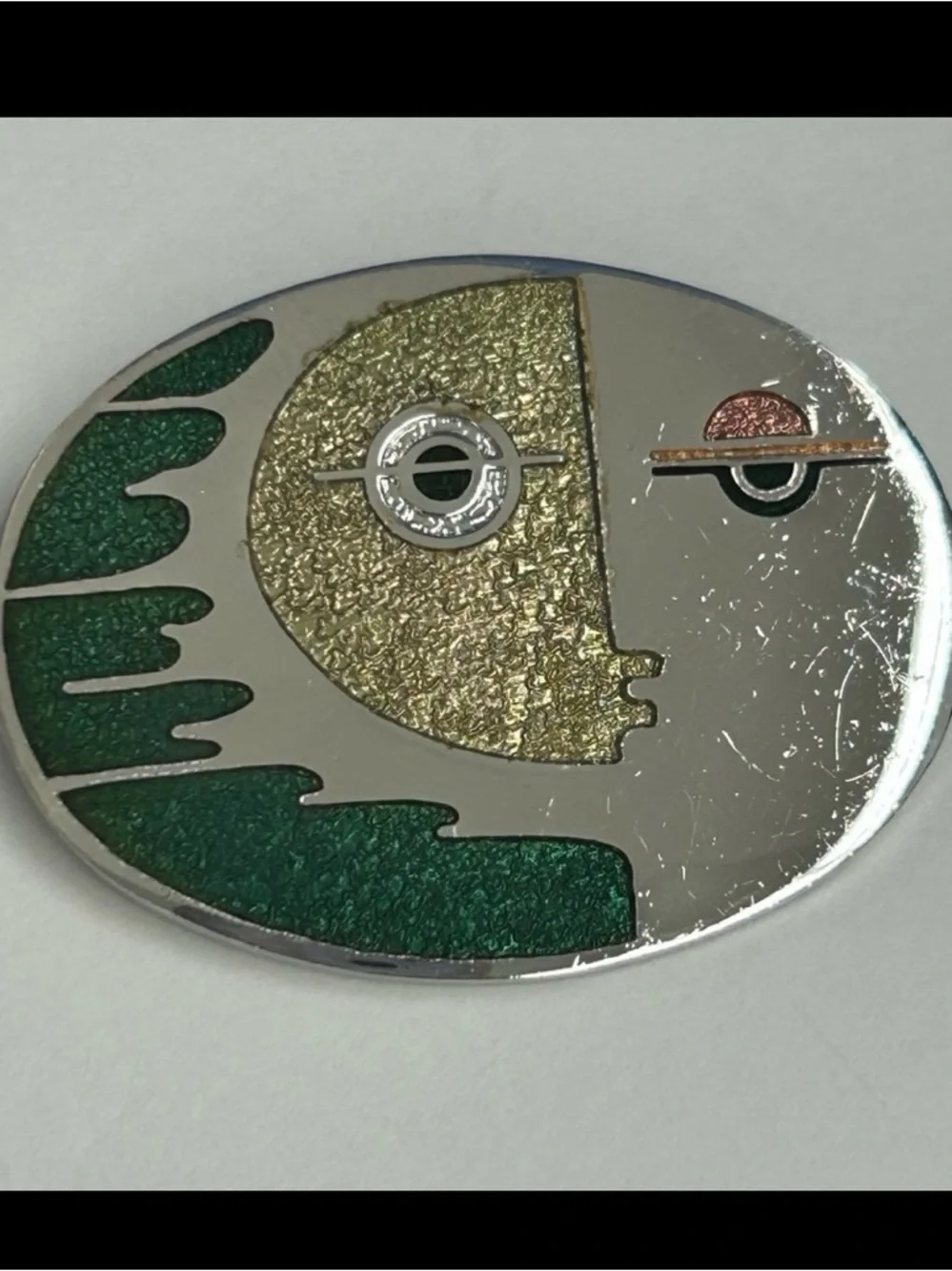 Vintage artisan De Passille & Sylvestre enameled face silver tone brooch pin
